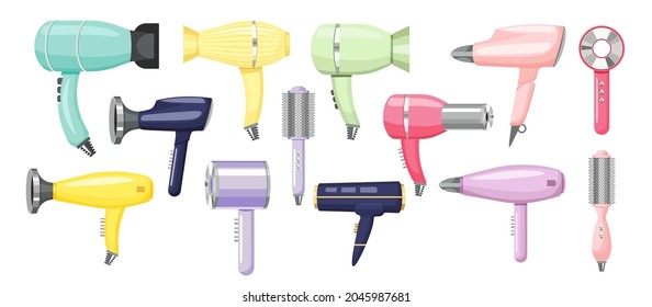 Set of Hair Driers and Electric Combs Modern Appliance for Women Beauty Care. Hairdryer and Brush Isolated on White Background. Hairdresser Salon Equipment, Grooming Items. Cartoon Vector Illustration