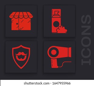 Set Hair dryer, Barbershop building, Shaving gel foam and Mustache and beard on shield icon. Vector