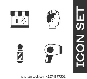 Set Hair dryer, Barbershop building, Classic pole and Hairstyle for men icon. Vector