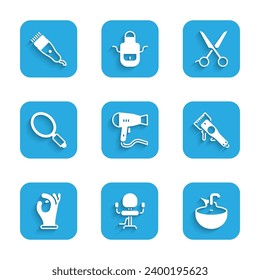 Set Hair dryer, Barbershop chair, Washbasin, Electrical clipper, Medical rubber gloves, Hand mirror, Scissors hairdresser and  icon. Vector