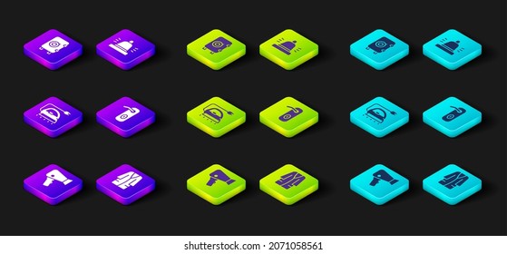 Set Hair dryer, Bathrobe, Electric iron, Door handle, Hotel service bell and Safe icon. Vector