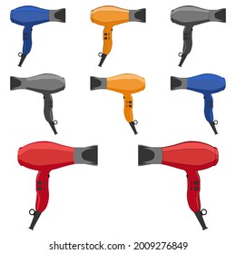 Set of hair dryer blue yellow red with and without the outline