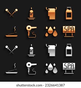 Set Hair dryer, Bottle with milk, Spa salon signboard, Water drop, Scented spa stick, Towel hanger, Knitting needles and Burning candle icon. Vector