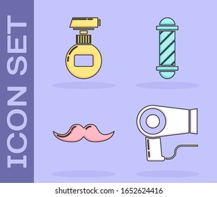 Set Hair dryer, Cream or lotion cosmetic tube, Mustache and Classic Barber shop pole icon. Vector