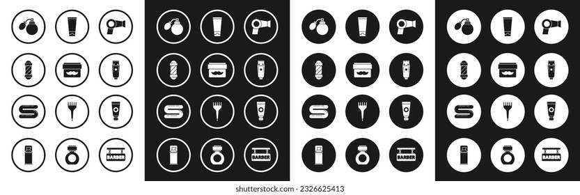 Set Hair dryer, Cream or lotion cosmetic jar, Classic Barber shop pole, Aftershave bottle with atomizer, Electrical hair clipper shaver, tube,  and Towel icon. Vector