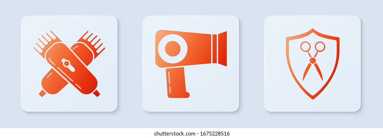 Set Hair dryer, Crossed electrical hair clipper or shaver and Scissors hairdresser and shield. White square button. Vector