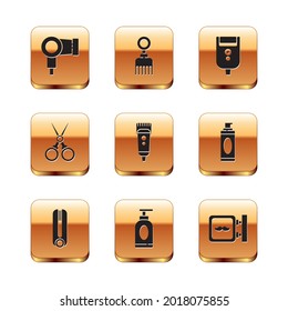 Set Hair dryer, Curling iron for hair, Cream lotion cosmetic tube, Electrical clipper shaver, Scissors hairdresser, razor blade men, Barbershop and Hairbrush icon. Vector