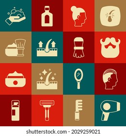 Set Hair dryer, Hairstyle for men, Mustache and beard, Human hair follicle, Shaving brush with foam, on hand and  icon. Vector