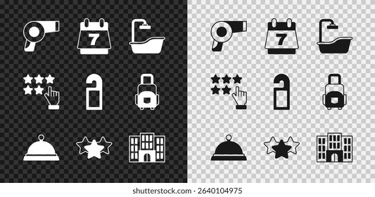 Set Hair dryer, Hotel booking calendar, Bathtub, Covered with tray of food, Stars rating, building,  and Please do not disturb icon. Vector
