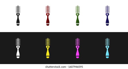 Set Hair dryer icon isolated on black and white background. Hairdryer sign. Hair drying symbol. Blowing hot air.  Vector Illustration