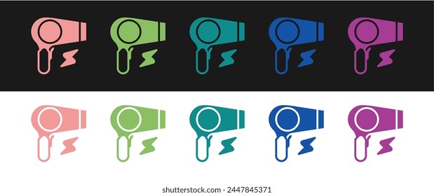 Set Hair dryer icon isolated on black and white background. Hairdryer sign. Hair drying symbol. Blowing hot air.  Vector