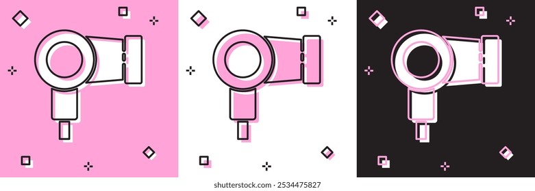 Set Hair dryer icon isolated on pink and white, black background. Hairdryer sign. Hair drying symbol. Blowing hot air.  Vector Illustration