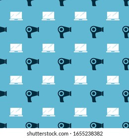 Set Hair dryer  and Laptop  on seamless pattern. Vector