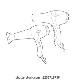 set of hair dryer line art vector hand drawing, isolated, vector for coloring book.

