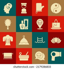 Set Hair dryer, Lotus flower, Aroma candle, Sauna mittens, Ointment cream tube, broom, Yin Yang and Massage icon. Vector