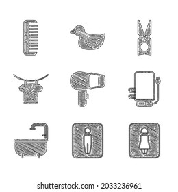 Set Hair dryer, Male toilet, Female, Electric boiler, Bathtub, Drying clothes, Clothes pin and Hairbrush icon. Vector