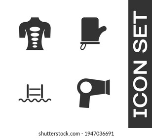 Set Hair dryer, Massage stone therapy, Swimming pool with ladder and Sauna mittens icon. Vector