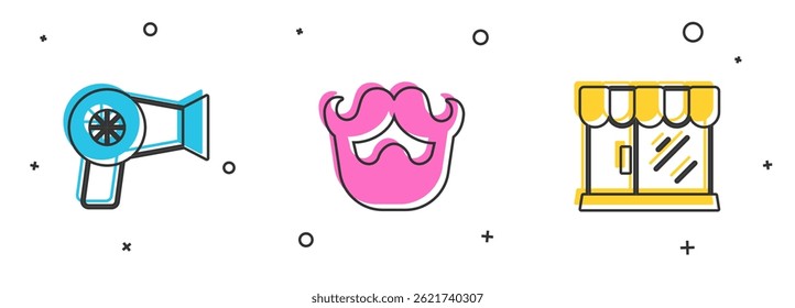 Set Hair dryer, Mustache and beard and Barbershop building icon. Vector