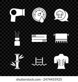 Set Hair dryer, Sauna thermometer, Massage, Bamboo, Swimming pool with ladder, Aroma diffuser and Towel stack icon. Vector