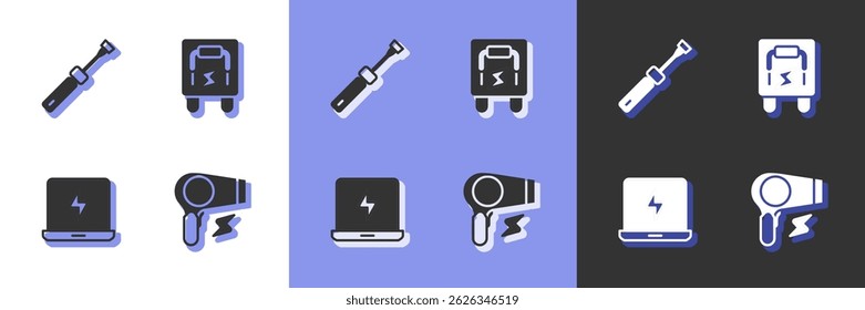 Set Hair dryer, Screwdriver, Laptop and Electrical panel icon. Vector