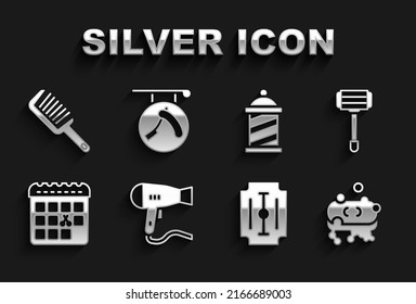 Set Hair dryer, Shaving razor, Bar of soap with foam, Blade, Calendar haircut day, Barber shop pole, Hairbrush and Barbershop icon. Vector