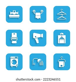 Set Hair Dryer, Shower Head, Towel On Hanger, Lift, Washer, Toilet Bowl, Hanger Wardrobe And Bedroom Icon. Vector