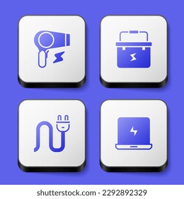 Set Hair dryer, Toolbox electrician, Electric plug and Laptop icon. White square button. Vector