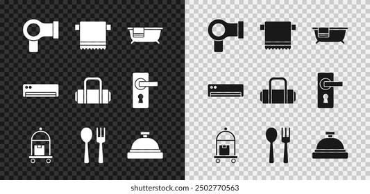Set Hair dryer, Towel on hanger, Bathtub, Suitcase, Fork and spoon, Hotel service bell, Air conditioner and  icon. Vector