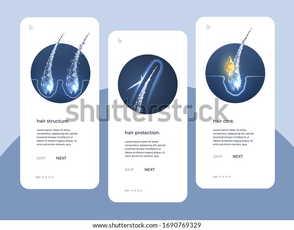 Set hair follicle treatment . Trichology sciencer of
concept. 3d hair root with glowing polygonal illustration. Baldness
prevention clinic. Polygonal abstract isolated on white background.
Vector 