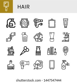 Set of hair icons such as Hand mirror, Spray, Mirror, Hair dryer, Shaving cream, Focus, Liquid soap, Moisturizer, Shaving brush, Barbershop, Scissors, Comb, Makeup, Brush , hair