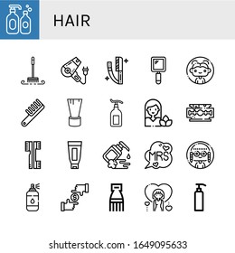 Set of hair icons. Such as Shampoo, Brush, Hair dryer, Razor, Hand mirror, Woman, Comb, Shaving brush, Lotion, Razor blade, Brushes, Shaving cream, Moisturizer, Mrs , hair icons