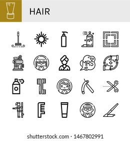 Set of hair icons such as Shaving brush, Brush, Mirror, Gel, Spray, Focus, Barbershop, Woman, Mrs, Brushes, Shaving razor, Scissors, Pole dance, Comb , hair