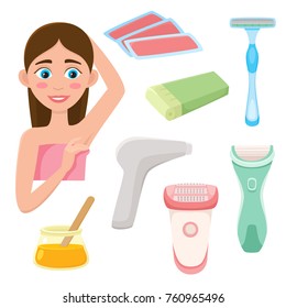 Set of hair removal, depilation tools - razor, epilator, laser, wax strips and cartridge, sugaring paste, flat vector illustration isolated on white background. Flat icon hair removal, depilation set