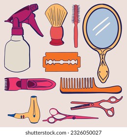 Set of Hair Salon and Barbershop Tools Simple Flat Lined Illustration