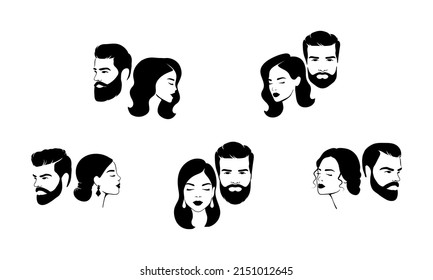 Set of Hair salon logo design with silhouettes of male and female faces. Hairdresser icons. Man and Woman on white background. Vector illustration.