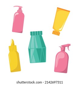 Set of hair and skin care products in vials tubes and jars