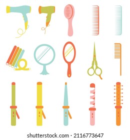 Set of hair styling and care products and items in cartoon style. Various flat style icons of hair care tools: hair dryer, combs, curling irons, mirrors, scissors. Vector design elements