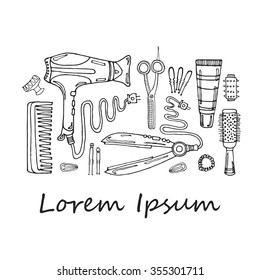 Set of hair styling tools. Vector hand drawn hair styling collection.