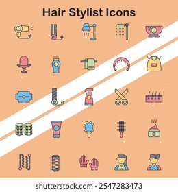 Set of hair stylist icons depicting various hairdressing tools and salon services ideal for beauty and fashion themes.