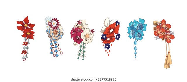 Juego de pelos tradicionales kanzashi japoneses. Peluquerías de flores y clip para geisha. Ilustración del vector