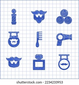 Set Hairbrush, Aftershave, Barbershop, dryer, Mustache and beard, Towel rolls and Classic pole icon. Vector
