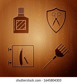 Set Hairbrush, Aftershave, Barbershop with razor and Scissors hairdresser and shield on wooden background. Vector