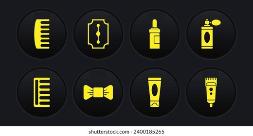 Set Hairbrush, Aftershave bottle with atomizer, Bow tie, Cream or lotion cosmetic tube, Beard and mustaches care oil, Blade razor, Electrical hair clipper shaver and  icon. Vector