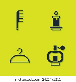 Set Hairbrush, Aftershave, Hanger wardrobe and Aroma candle icon. Vector