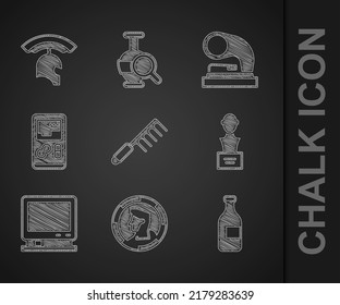 Set Hairbrush, Ancient coin, Bottle of wine, Gypsum head sculpture bust, Retro tv, Portable video game console, Old gramophone and Roman army helmet icon. Vector
