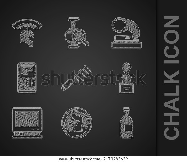 Set Hairbrush, Ancient\
coin, Bottle of wine, Gypsum head sculpture bust, Retro tv,\
Portable video game console, Old gramophone and Roman army helmet\
icon. Vector