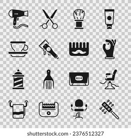 Set Hairbrush, Barbershop chair, Medical rubber gloves, Shaving, Electrical clipper, Coffee cup, dryer and  icon. Vector