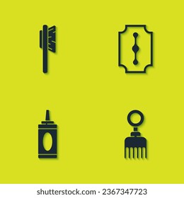 Set Hairbrush, , Bottle of shampoo and Blade razor icon. Vector