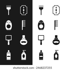 Set Hairbrush, Bottle of shampoo, Blade razor, Hand mirror, Beard mustaches care oil bottle, Cream lotion cosmetic tube and Shaving gel foam icon. Vector