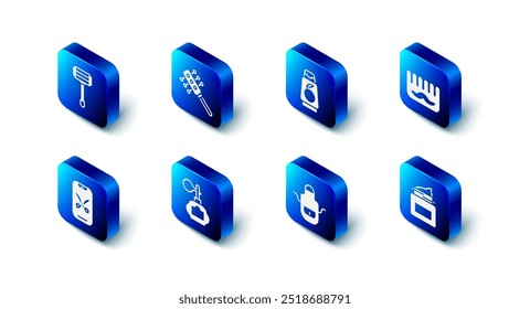 Set Hairbrush, Bottle of shampoo, Cream cosmetic jar, Barber apron, Aftershave, online service or platform and Shaving razor icon. Vector